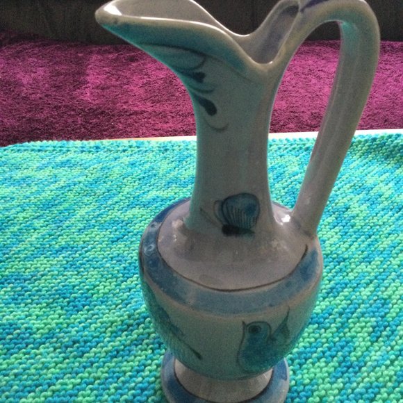 Beautiful handled ceramic vase water pitcher birds butterflies hand painted blue - Picture 2 of 10